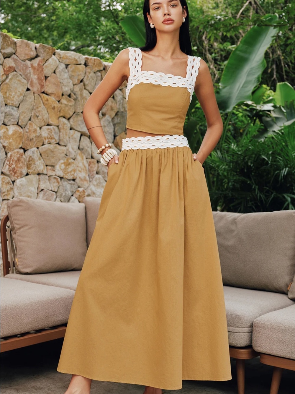 Commense Contrast Trim Cotton Linen Top & Skirt Set Size Large NWT - Picture 6 of 8